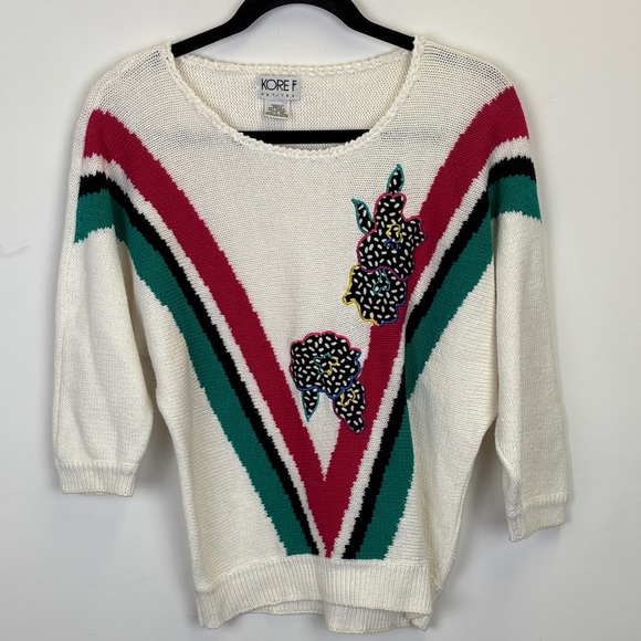 Koret Sweaters - ✨ Vintage Petite Koret Knit Sweater Top/Floral Appliqué/Retro 80s 90s/sz PMedium